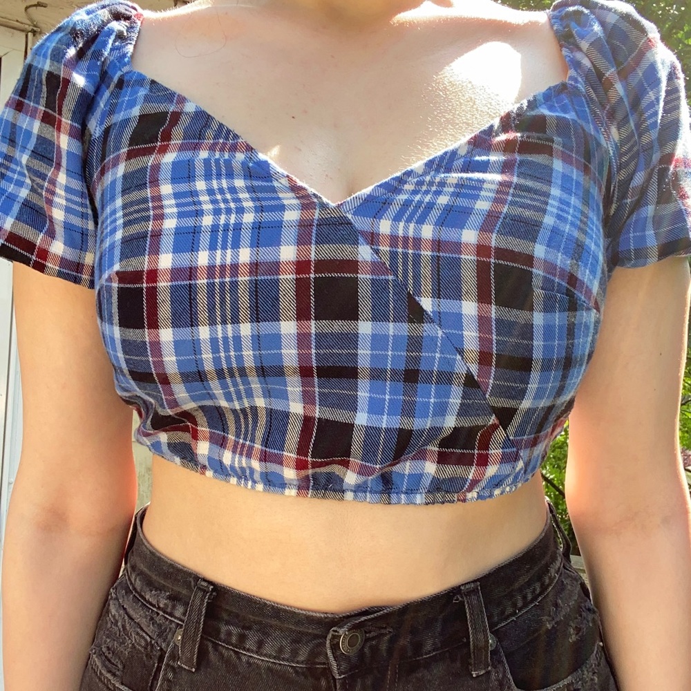 Wild Fable Plaid Crop Top with Puff Sleeves